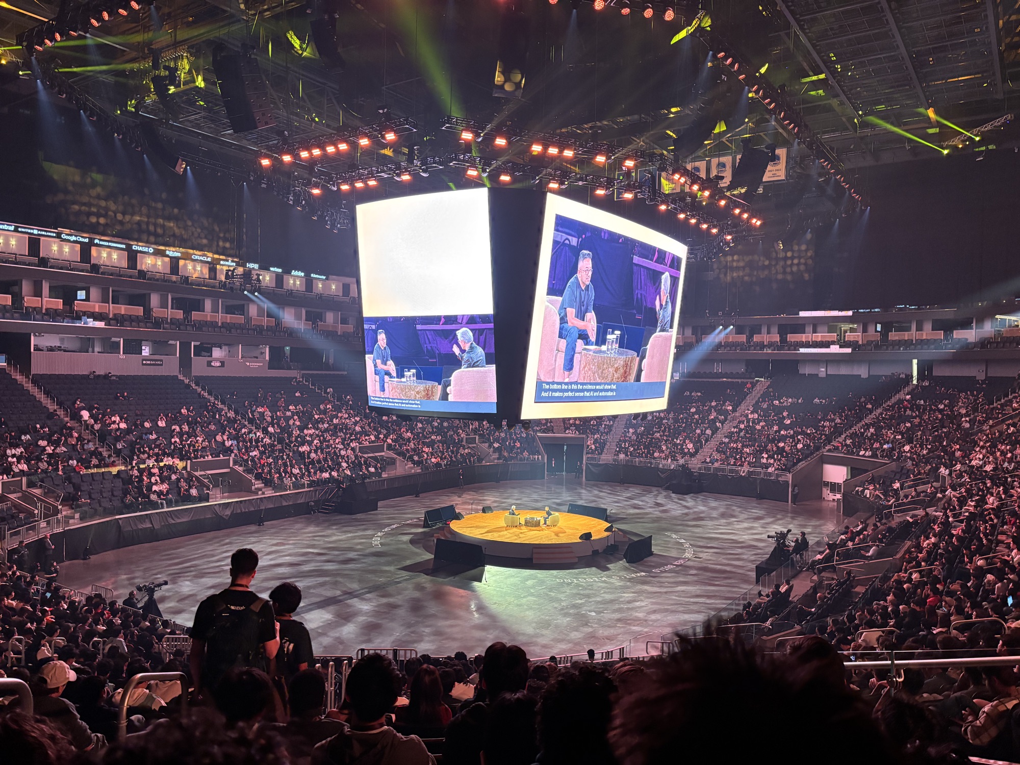 the Chase Center arena during a fireside chat shown on the jumbotron