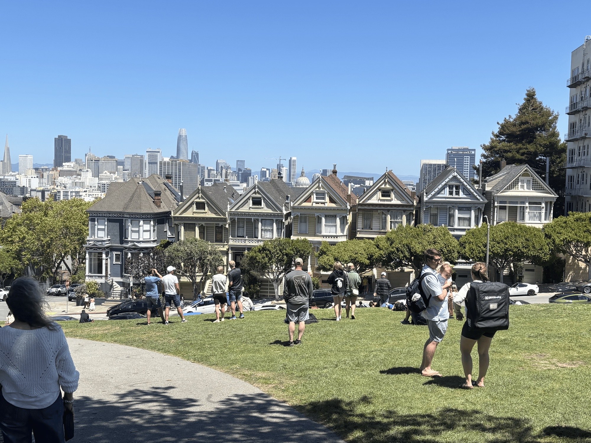the Painted Ladies Victorian houses at Alamo Square with the downtown skyline behind them