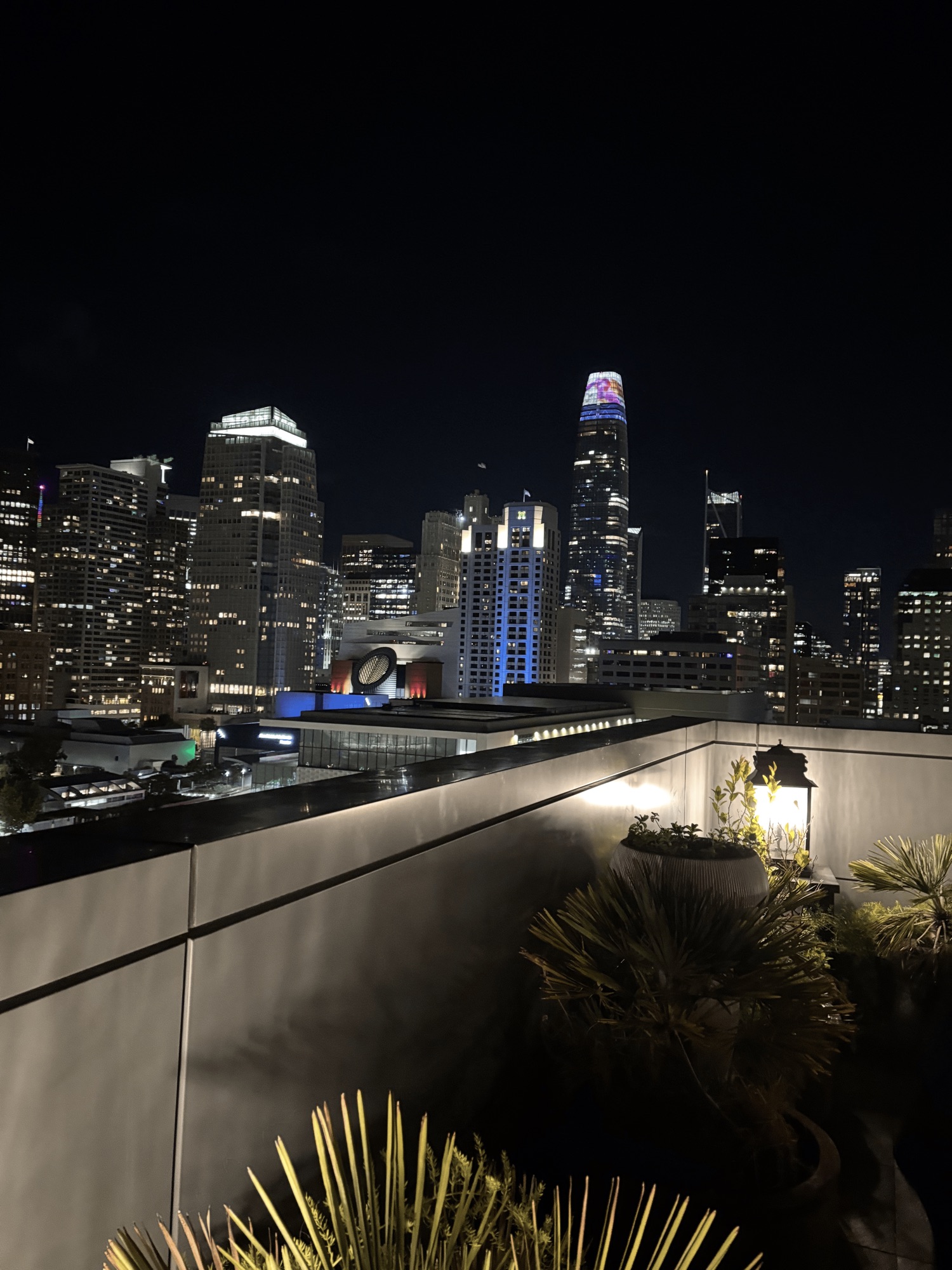 the downtown San Francisco skyline lit up at night from a rooftop, with Salesforce Tower in the middle