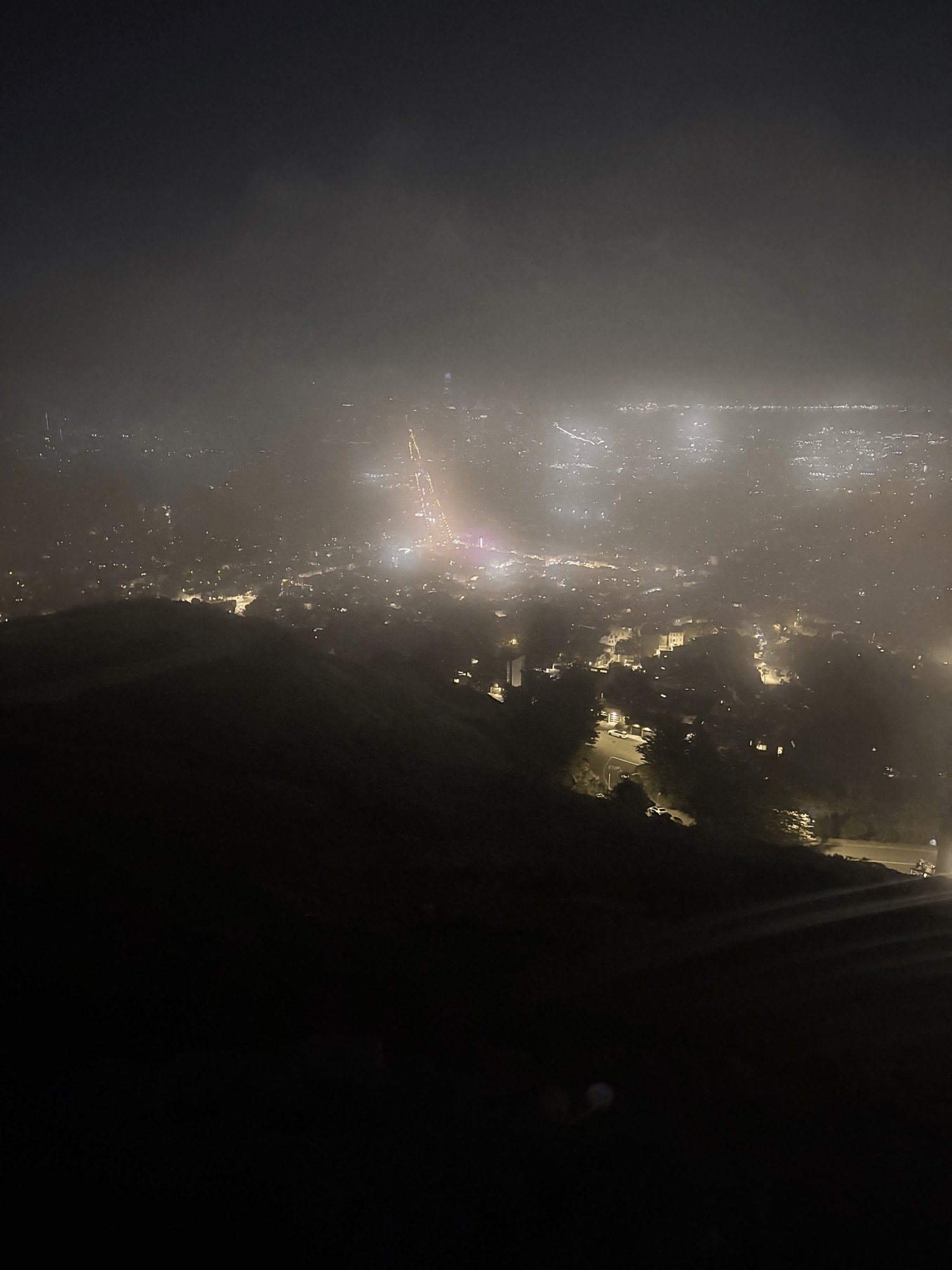 San Francisco city lights glowing through thick fog at night from Twin Peaks